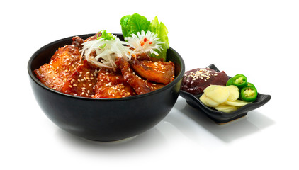 Spicy Grilled Pork Belly with Kochujang Sauce (Dwaeji Bulgogi) on Rice recipe ontop onionslice Spicy Korean BBQ Bowl