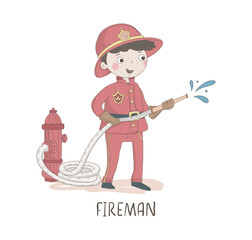 Cartoon illustration of a firefighter. Kids workers. Child professional - 372003249