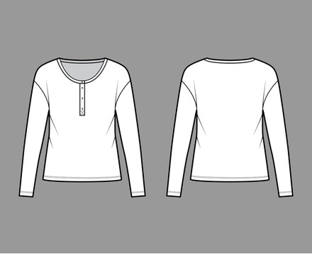 Classic men's style cotton-jersey top technical fashion illustration with long sleeves, scoop henley neckline. Flat outwear apparel shirt template front back white color. Women, men, unisex CAD mockup