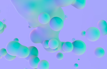 Abstract 3d art background. Holographic floating liquid blobs, soap bubbles, metaballs.