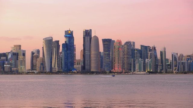 Doha Qatar skyline in the evening.