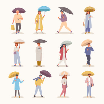 People With Umbrellas Set. Characters Walk In Rainy Weather Color Parasol Stylish Girl With Handbag Guy In Hurry On Date Woman Rushes To Store Good Protection Bad Climate. Vector Style.