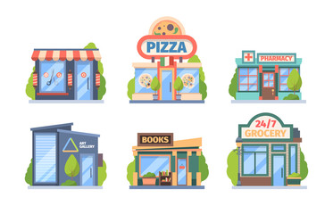 Naklejka premium Shops and stores set. Commercial color retail markets food drug sales city boutiques with window displays awnings modern style restaurants cafes small architectural buildings. Vector supermarket.