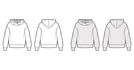 Oversized cotton-fleece hoodie technical fashion illustration with relaxed fit, long sleeves. Flat outwear jumper apparel template front, back, white, grey color. Women, men, unisex sweatshirt top CAD