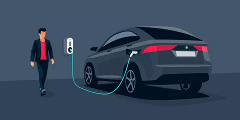 Fotobehang Electric car charging in underground garage home plugged to charger station. Battery EV vehicle standing parking lot connected to wall box. Close up vector being charged with power supply socket.  © petovarga