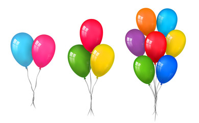 Balloons 3D bunch set, thread, isolated white background. Color glossy flying baloon, ribbon, birthday celebrate, surprise. Helium ballon gift. Realistic shape, design happy bday Vector illustration