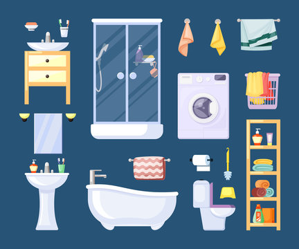 Bathroom equipment set. Modern shower stall with shampoo retro bathtub towel toilet bowl brush and paper washbasin mirror and brushes washing machine shelves with towels. Sanitary flat vector.