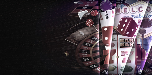 Casino games banner design with roulette wheel, slot reels, playing cards, red dices, falling poker gambling chips and Las Vegas style casino sign. 3D Rendered illustration on dark background 