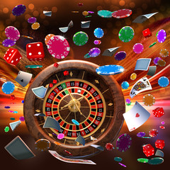 Casino abstract background design with 3D rendered roulette wheel, flying playing cards, rolling red dices and falling  gambling  chips