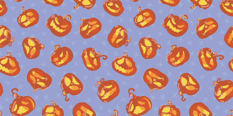 Vector textured spooky halloween pumpkin seamless pattern. Hand drawn linocut, doodle style design. Food, packaging, surface design . Modern brush design. Perfect for your creepy party.