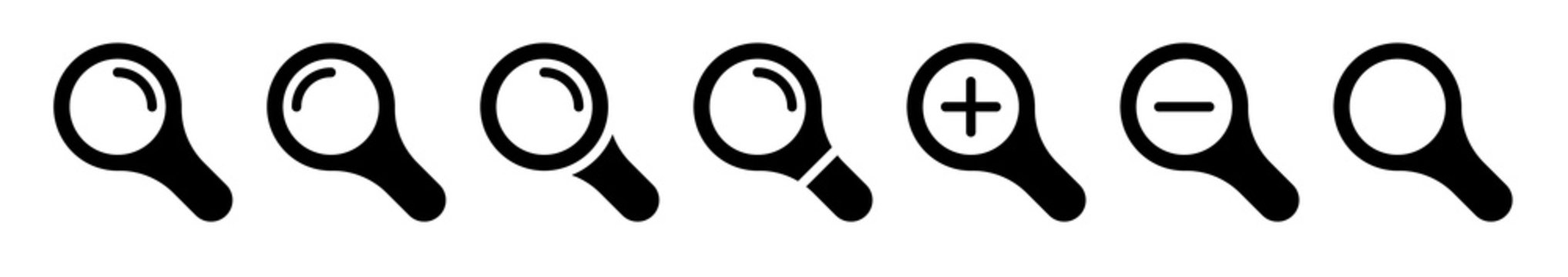 Magnifying glass flat icons set. Search or browse symbol for web design and other internet resources. Approximation, removal, search. Vector illustration.