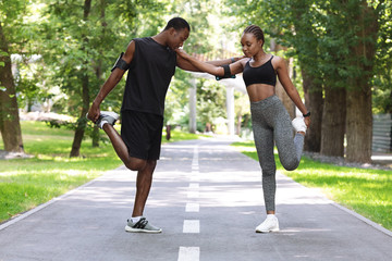 Couple Workout. Fit African Couple Doing Fitness Training Together In City Park