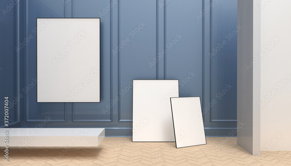 Poster mock up white three frames and gallery art modern minimal room display on green background- 3d rende
