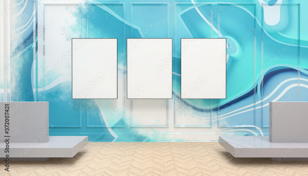 Poster mock up white three frames and modern creative wall display room on abstract art blue - green backgr