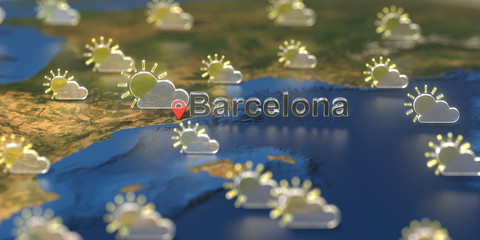 Partly cloudy weather icons near Barcelona city on the map, weather forecast related 3D rendering