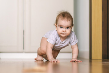 A nine-month-old baby crawls on the floor, looks at the camera with an interest and delight