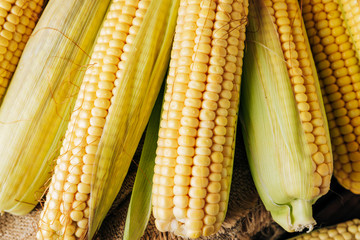 Fresh corn on the cob on a brown natural wood background close up