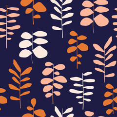 Abstract seamless pattern with colorful plants on a dark blue background. Vector illustration