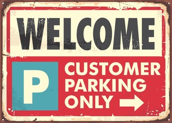 Parking sign design in retro style made for parking spots. Poster with big text and red background. Vector vintage traffic signboard illustration.