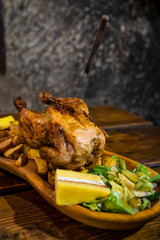 chicken meal in medieval tavern, Hungary