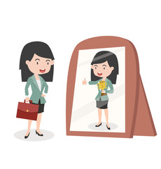 businesswoman looking successful standing in front of the mirror