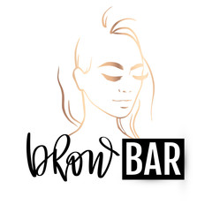 Brow bar logo with beautiful girl portrait. Vector Eyebrow calligraphy for beauty salon