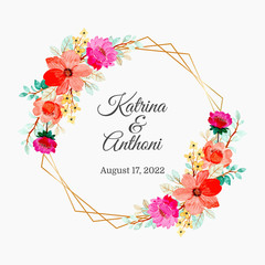 save the date. watercolor pink flower and geometric golden frame
