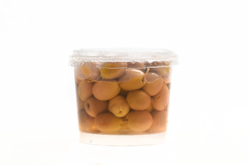 Green olives in small plastic jar isolated