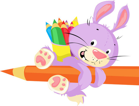 Cute Bunny Hold Crayon - Funny Vector Cartoon