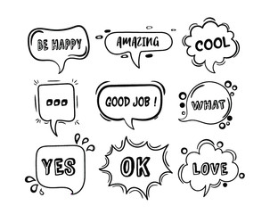 Speech bubbles sketch
Comic speech bubbles set.
Vector illustration of chat word bubbles, hand drawn cloud, banner in comic style isolated on background. Abstract concept graphic element of chat text
