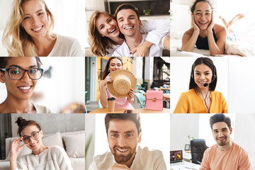 Collage image of different happy multinational people looking at camera