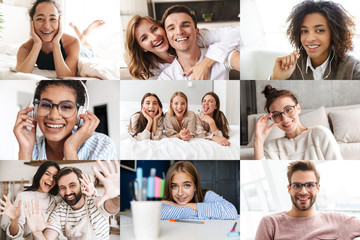 Collage image of different happy multinational people looking at camera