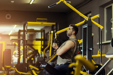 Muscular man working out in gym doing exercises
