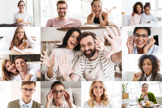 Collage image of different happy caucasian people looking at camera