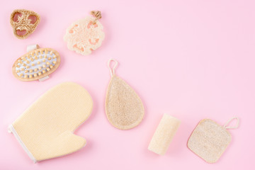 Set of sustainable toiletries and bathroom products on pink background. Eco friendly, zero waste concept.
