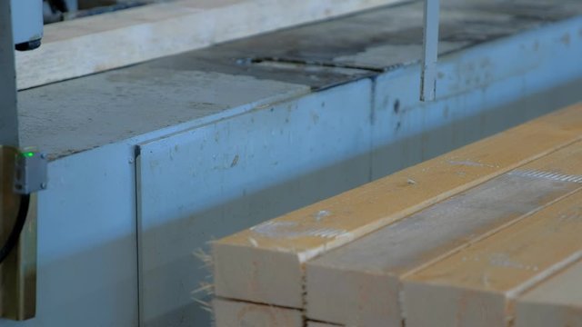 Production of laminated veneer lumber on plant on cutting machine equipment. The production line for timber. Woodworking timber industry: machinery and equipment for press and cutting of lumber.