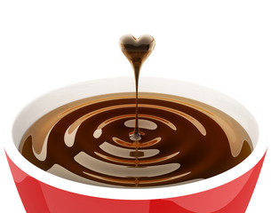 3d render, Coffee splash with heart drop in red cup.