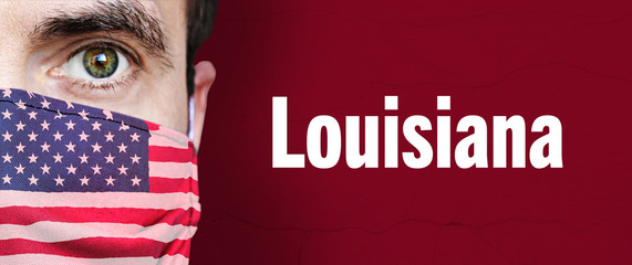 Louisiana. Man wears face mask with American flag (breathing mask). Red background with Text....