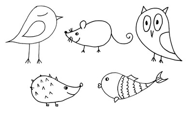 Vector illustration, simple kids set of animals and birds, contours, doodling for paper design, fabric, interior