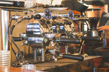 Close-up of coffee machine. Professional coffee brewing.