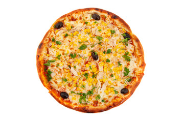 Top down view of delicious pizza, isolated on white.