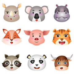 cute animal heads: rhino, koala, hippo, fox, pig, tiger, raccoon, panda and buffalo