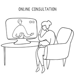 Woman sitting in chair in front of computer and talking to psychologist online. Remote psychological help, psychiatrist consulting patient. Mental health care and treatment. Vector illustration