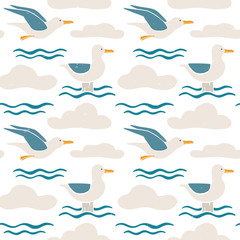 Fototapeta na wymiar Cute seagull seamless pattern. Colored gulls, waves and clouds on a white background. Vector shabby hand drawn illustration