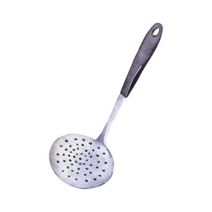 Metal skimmer with black handle on white background. Hand drawn watercolor illustration.