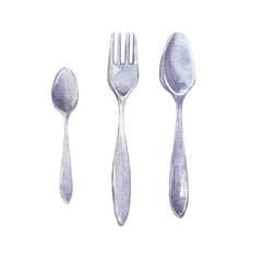 Set of silver spoons and fork isolated on white background. Hand drawn watercolor illustration.