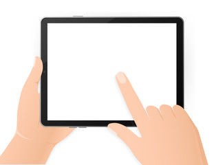 Modern flat illustration with black empty tablet hands on white background. Digital technology. Modern flat illustration. Web design.