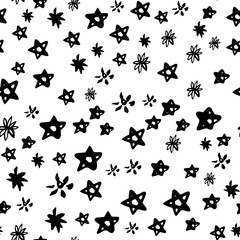 Abstract seamless pattern with Brush Strokes geometric star elements. Beautiful modern texture with chaotic painted shapes. Monochrome background for your design.