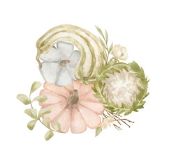 Watercolor set with pumpkin, cauliflower and flower bouquet isolates on white. Aesthetic home decor in boho style, autumn mood