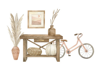 Watercolor interior scene with table with antique vases, plaid, pumpkin, bicycle, wall art. Aesthetic home Decor in boho style, autumn mood